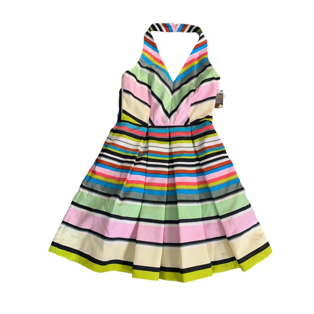 Taylor NEW Colorful Stripes Dress Multi 6 Halter Mini Pockets Holiday Party